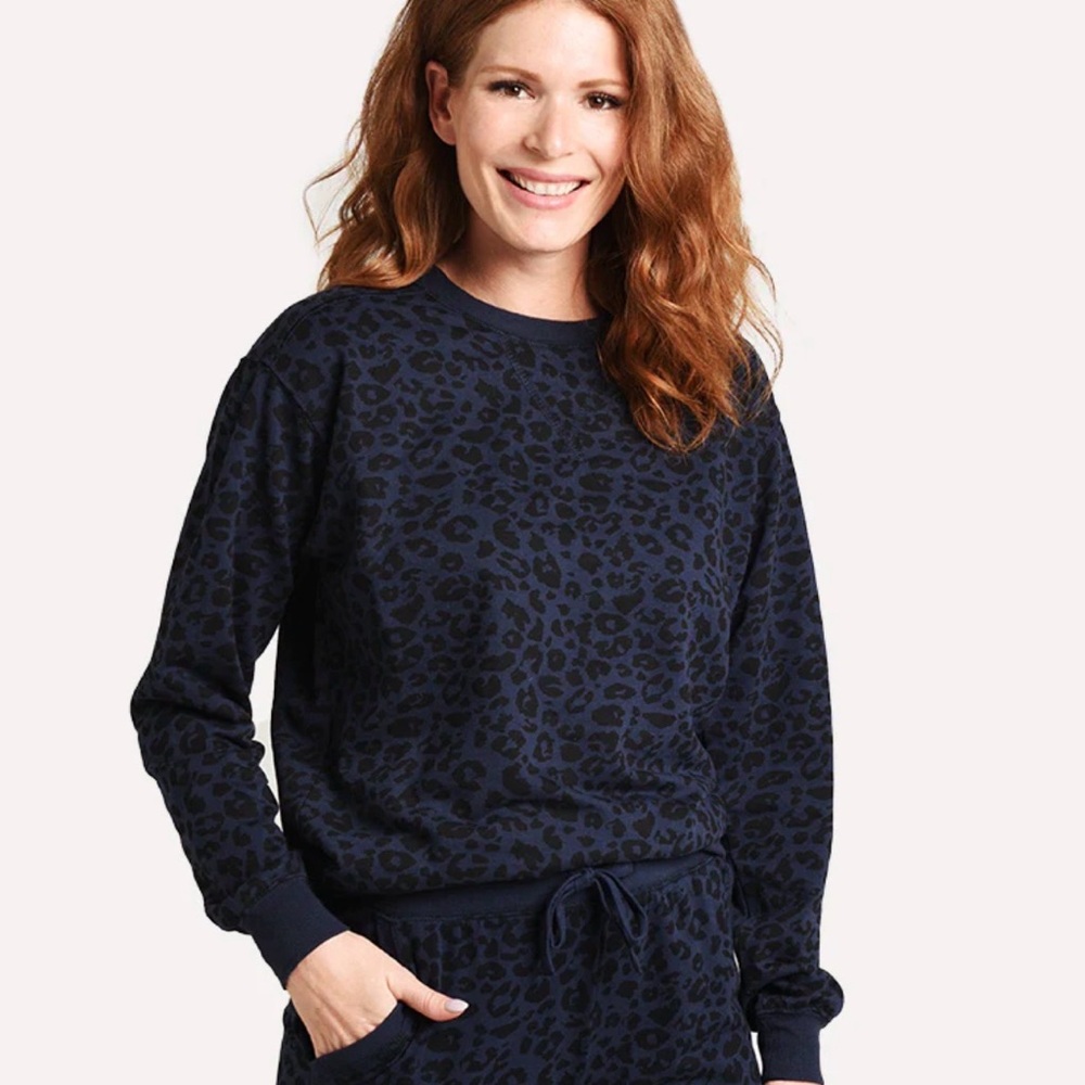 Z Supply Navy Leopard Print Cotton Blend Sweatshirt Size Large Loungewear Casual